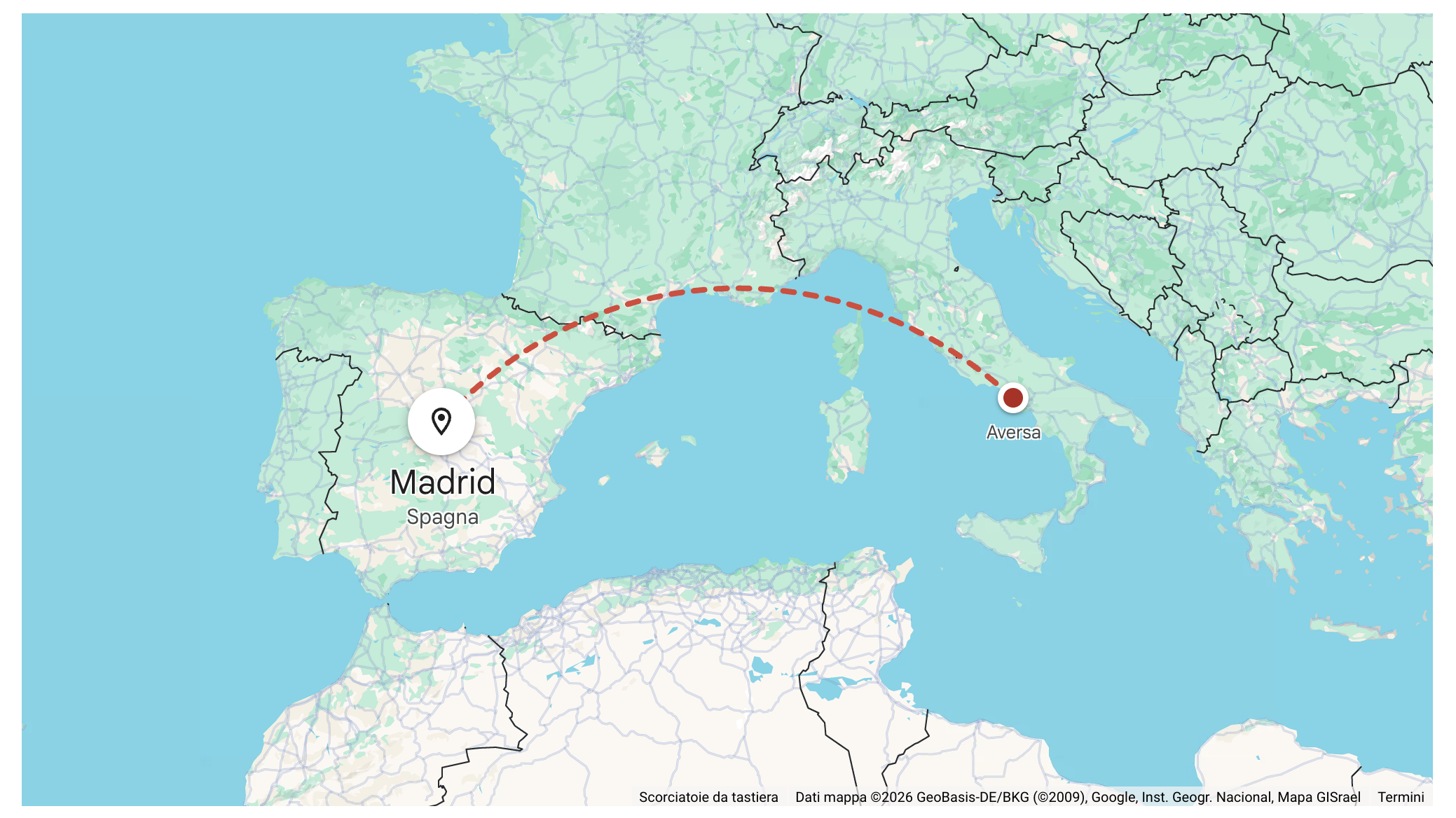 Mappa del viaggio in moto da Caserta a Madrid